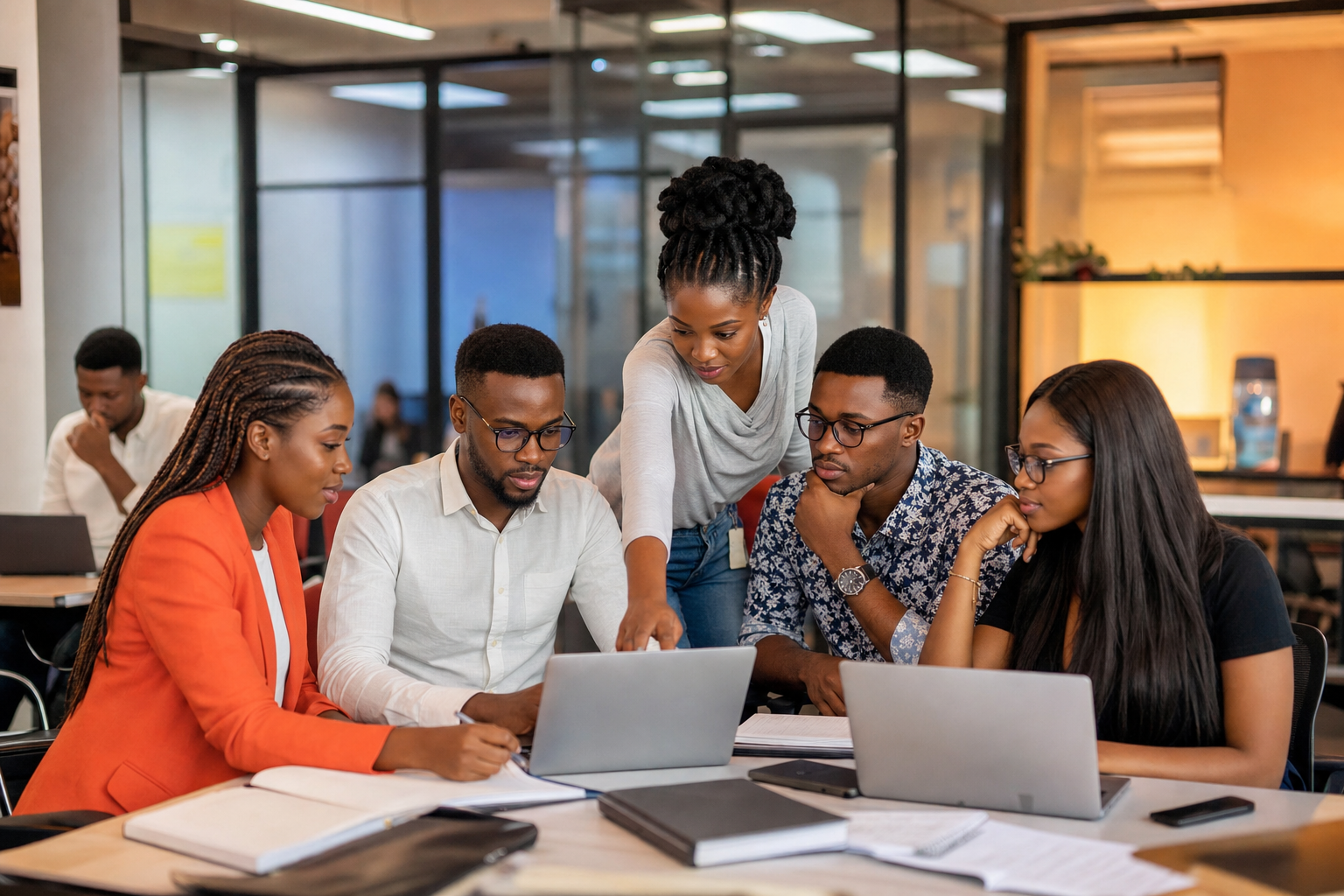 Nigerian students collaborating around a laptop in a training room