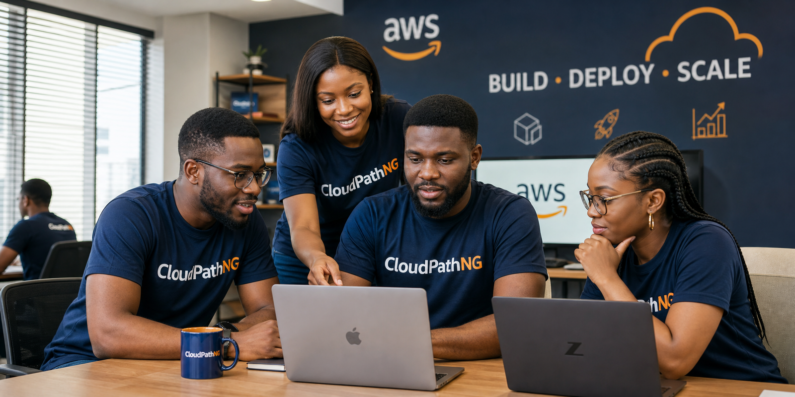 Nigerian professionals collaborating on laptops in a modern training environment